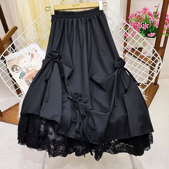 Womens Plus Size Renaissance Layered Lace Long Skirt Elastic High Waist Bow Tiered Skirt