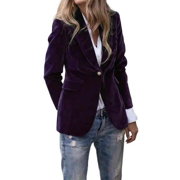 Womens Velvet Blazer Jacket - Long Sleeve V Neck Coat Notched Lapel Vintage Office Button Front Velour Blazer