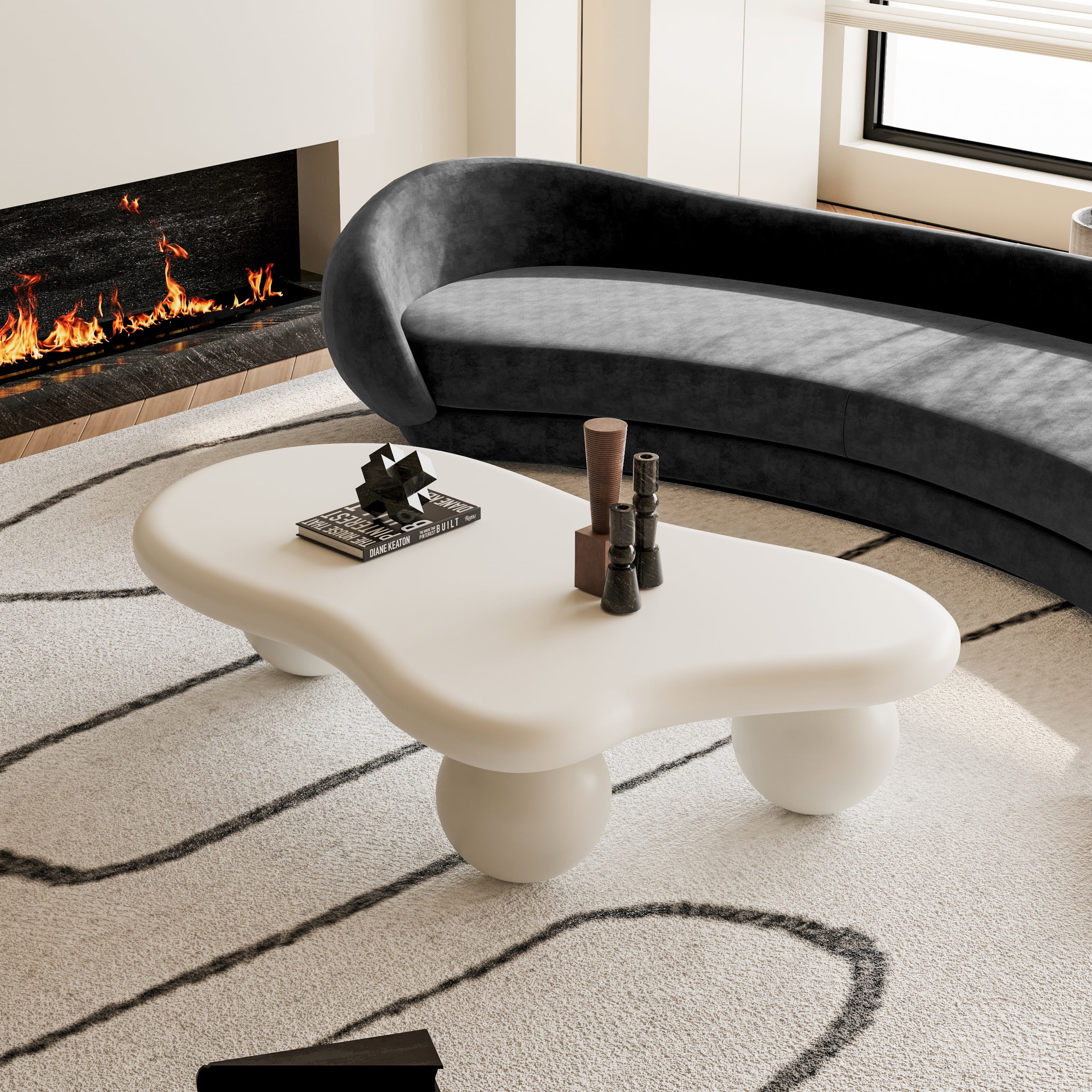 47 Inch Cloud Shaped Coffee Table with 3 Ball Legs for Living Room, Cream White