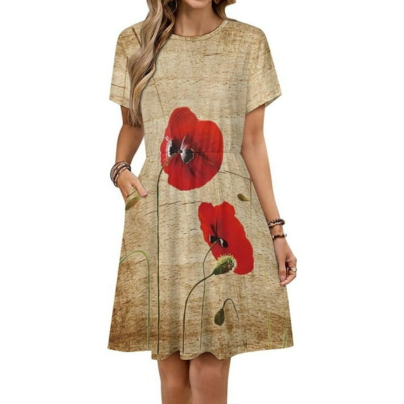 Poppy Artwork Dress Fashion Beach Short Sleeve Dresses Female Party Printed Sundress