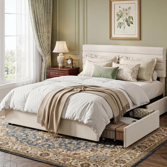 Full Size Bed Frame, Velvet Upholstered Platform Storage Bed with 4 Drawers, Wooden Slats Support, No Box Spring Needed, Easy Assembly, Beige