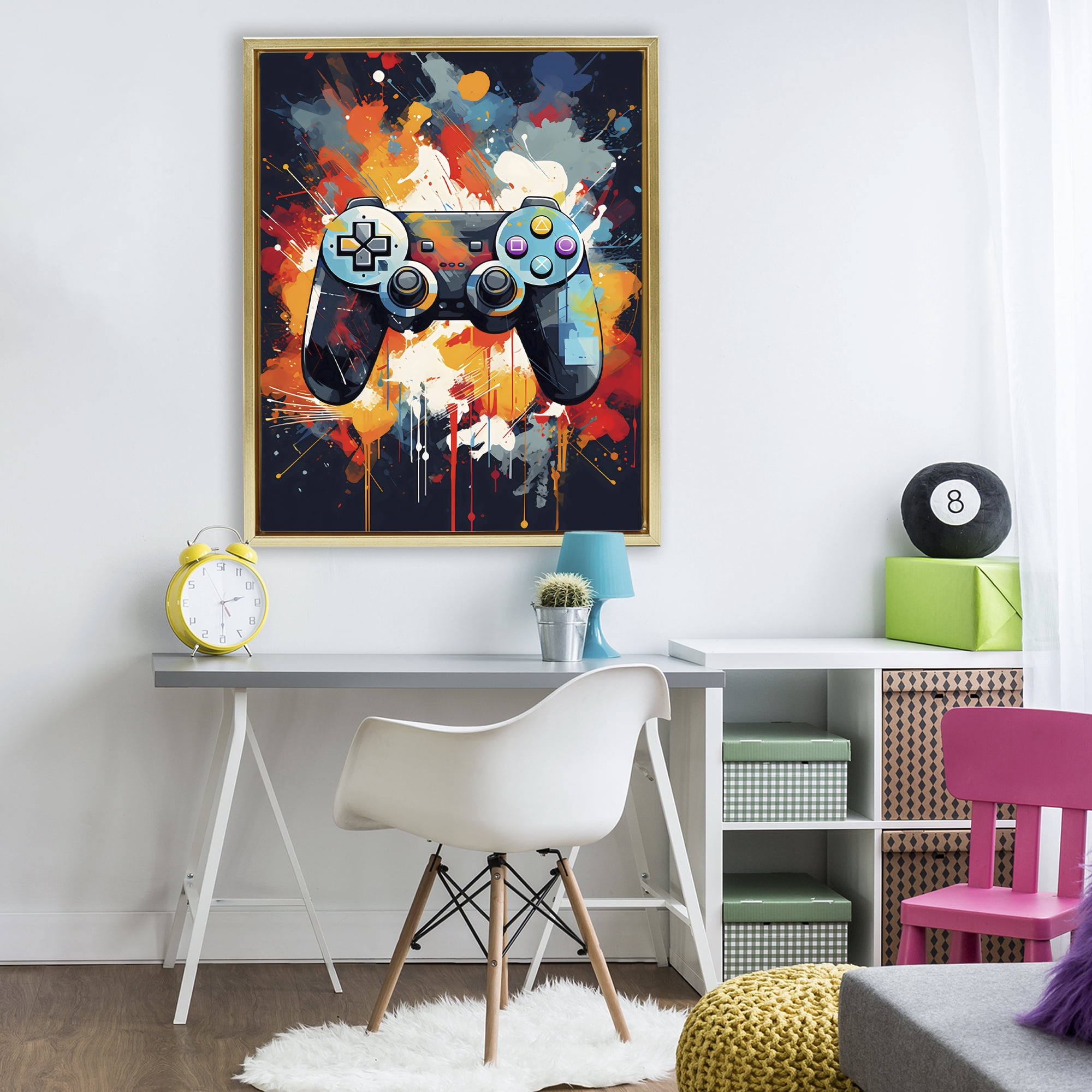 Stupell Industries Orange Paint Splash Gamer Gold Framed Floater Canvas Wall Art, design by Creative Studio