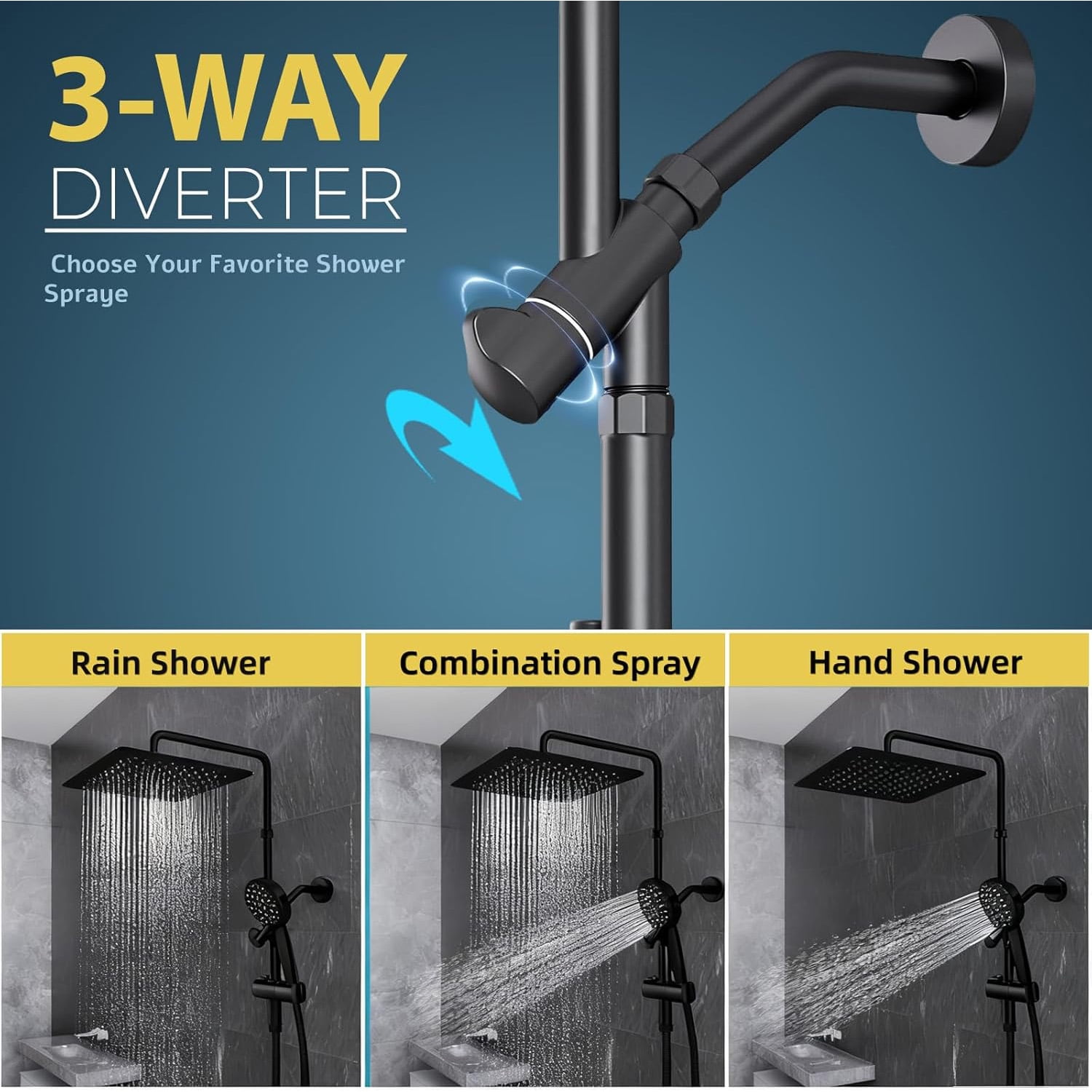 ROSYNEY 12 Inch Rain Shower Head with 8-Setting Handheld Spray Combo,Black Shower heads with Height Adjustable Shower Arm, Slide Bar with Holder, Stainless Steel Hose