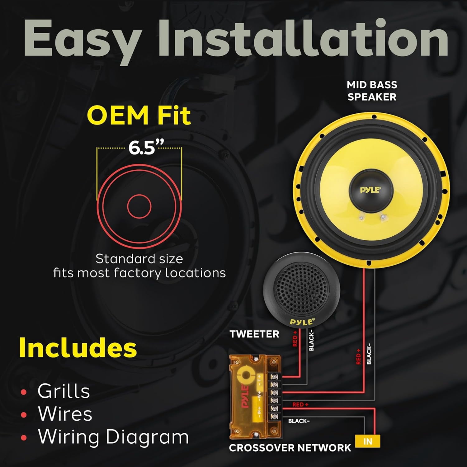 Pyle 2-Way 6.5" Component Speakers - 400W, Butyl Rubber Surround, Electroplated Basket