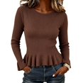 thumbnail image 2 of Women's Crew Neck Ribbed Knit Sweater, Long Sleeve Slim Fit Peplum Ruffle Hem Pullover Tops for Fall Daily Casual Outfits L, 2 of 7