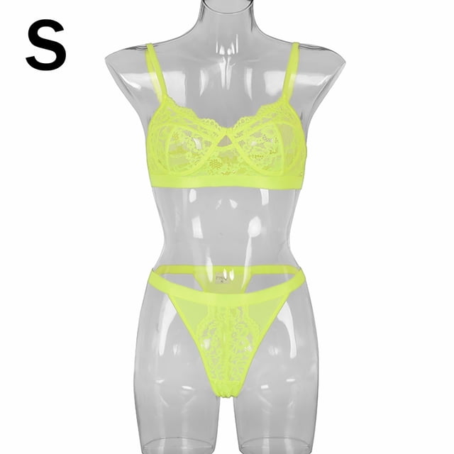Encaje sexy conjunto de ropa interior sujetador ropa interior regalo para mujer, verde fluorescente, S 2 piezas Inevent XX000054-11