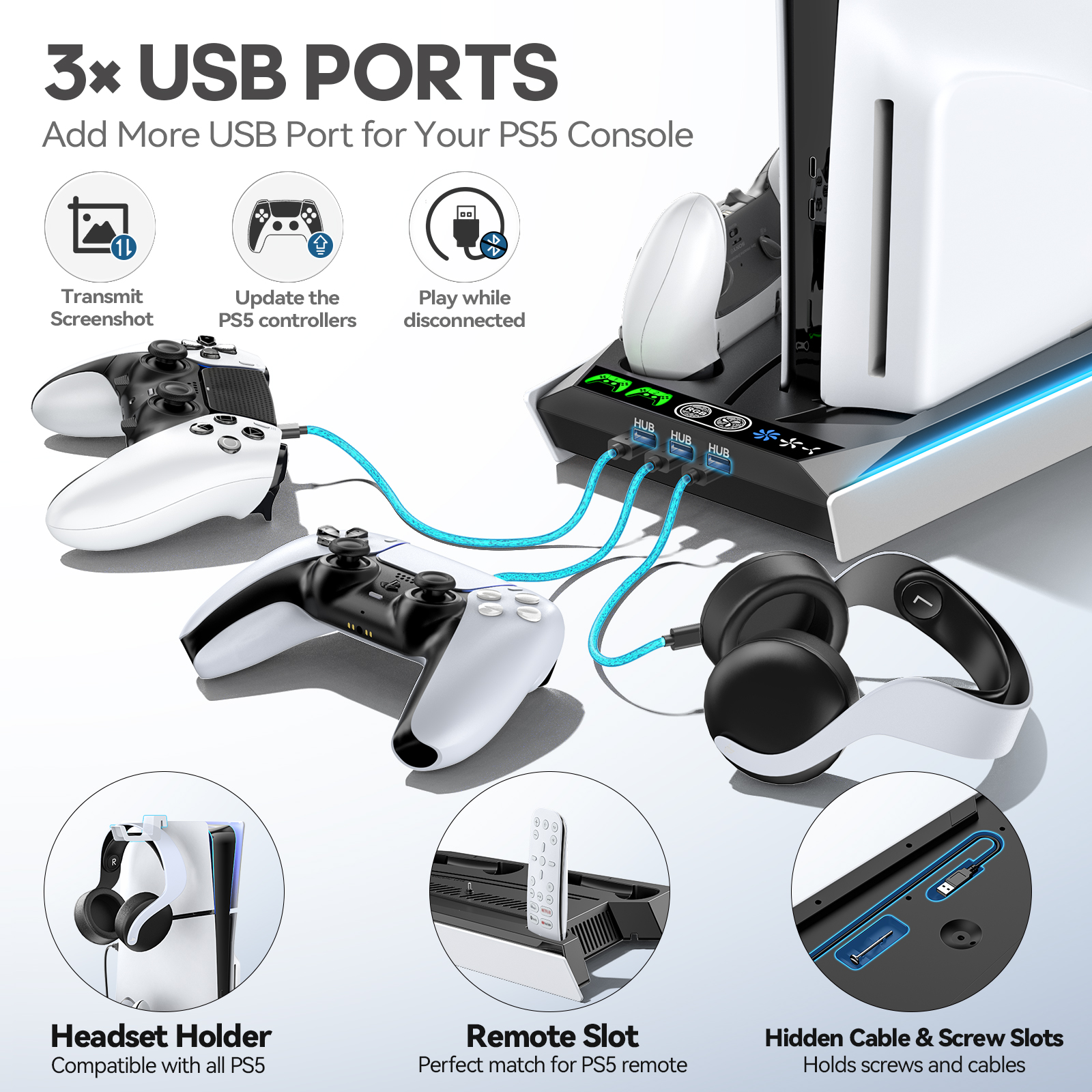 Kytok PS5 Slim Stand for PlayStation 5, PS5 Cooling Station with 3-Level Fan, Controller Charger for Dualsense & Edge Controller, PS5 Accessories with RGB Lighting, Black