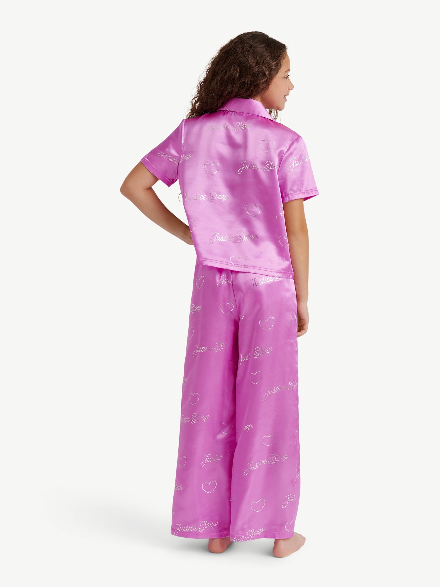 Justice Girls Satin Short Sleeve Button Front Sleep Top and Sleep Pants, 2-Piece, Sizes 5-18 & Plus