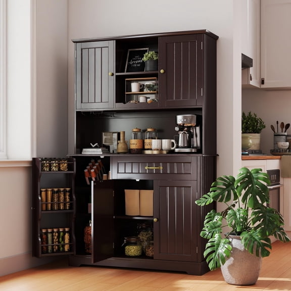 Dark Brown Tall Kitchen Pantry Cabinet With Coffee Bar Hutch