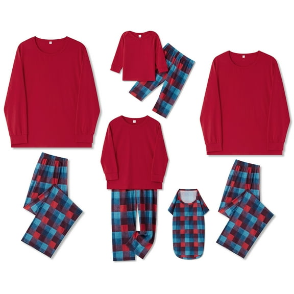 Family Matching Christmas Pajamas Sets Red Long Sleeve Tops Plaid Pants or One-piece Outfit for Dog