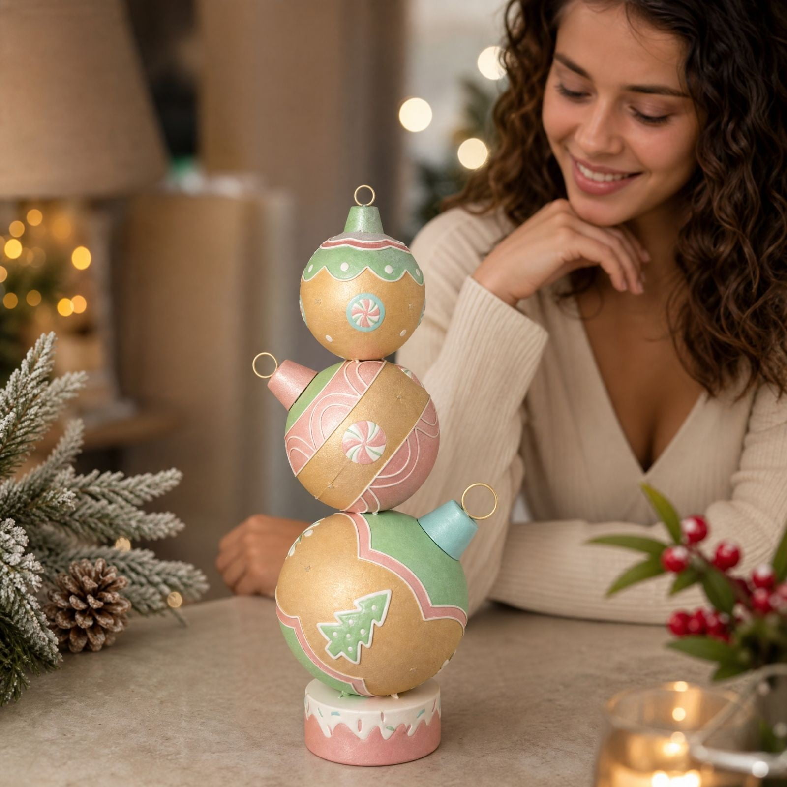 Candy Stacked Christmas Tabletop Statue Resin 3‑Tier Bauble Figurine with Peppermint Detail for Mantel Countertop Shelf Indoor Xmas Holiday Home Decoration