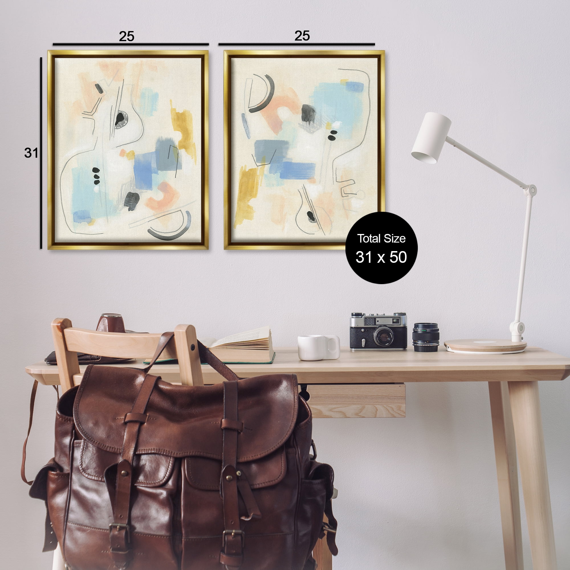 Stupell Industries Pastel Shapes Lines Patches Abstract Painting Gold Floater Framed Canvas Art Print Wall Art, 31 x 25, Set of 2