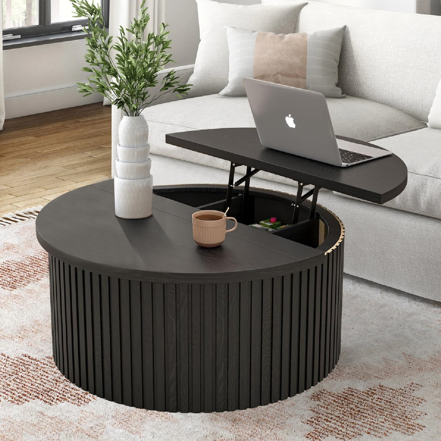 Round Coffee Table for Living Room, Farmhouse Lift Top Coffee Table, Fluted Center Table with Storage (Black)