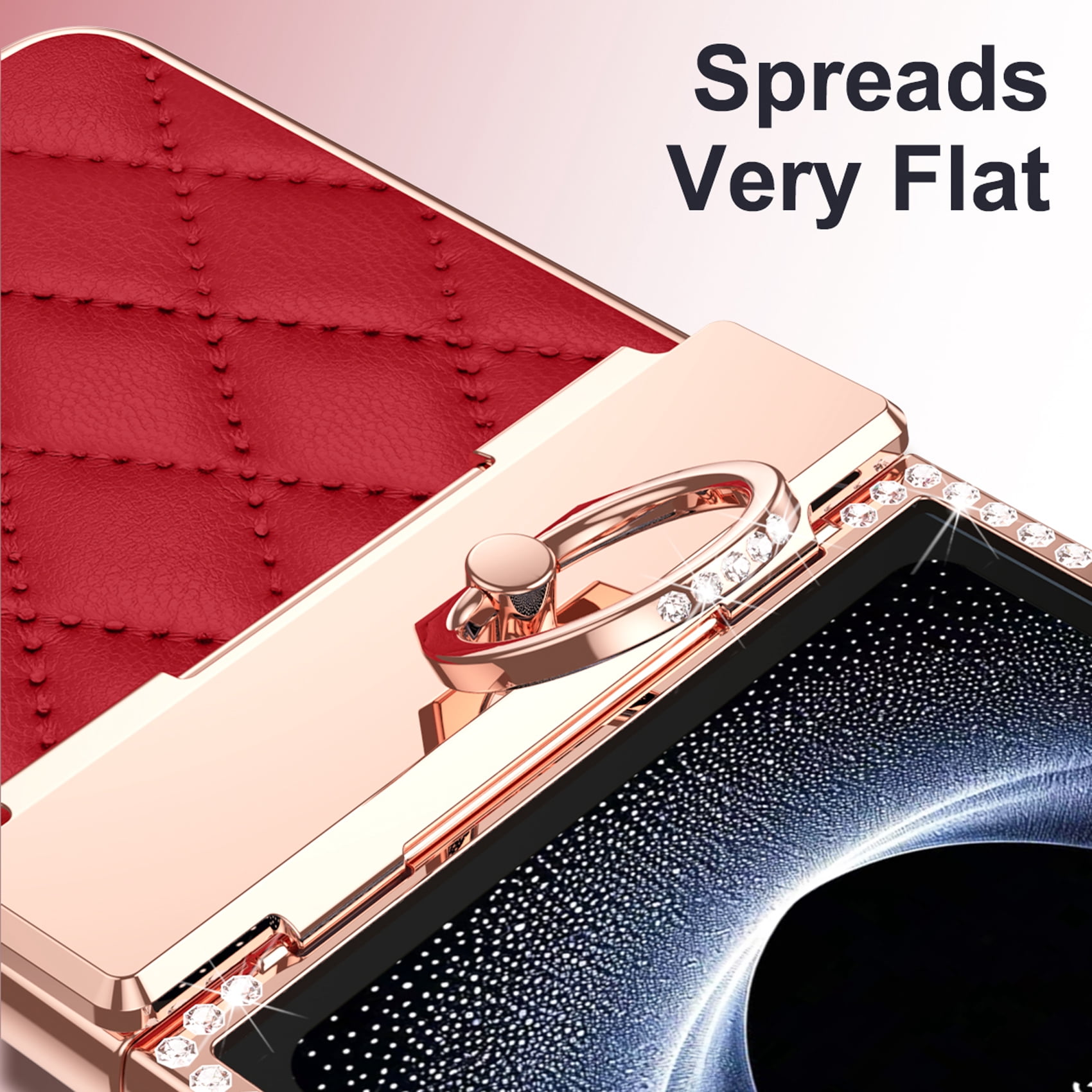 for Samsung Galaxy Z Flip 7 Case Hinge Protection with Finger Ring Holder, Premium PU Leather Hybrid PC All-Inclusive Diamond Bling Phone Case for Samsung Galaxy Z Flip 7 5G, Red