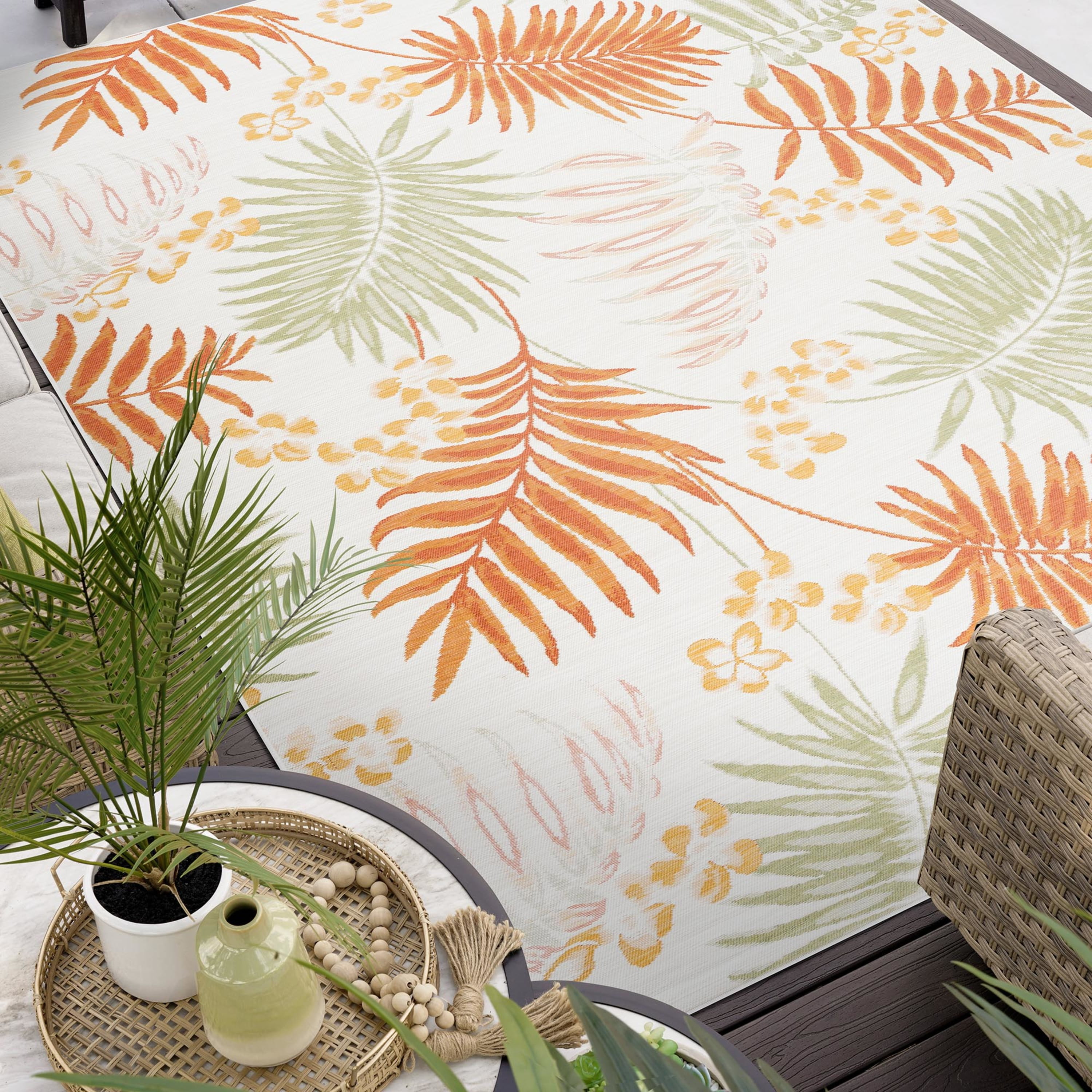 Bliss Rugs Floral Indoor Outdoor Rug Reversible Runner Rug for Patio, Hallway, Entryway, Deck, Orange ,2' x 8'