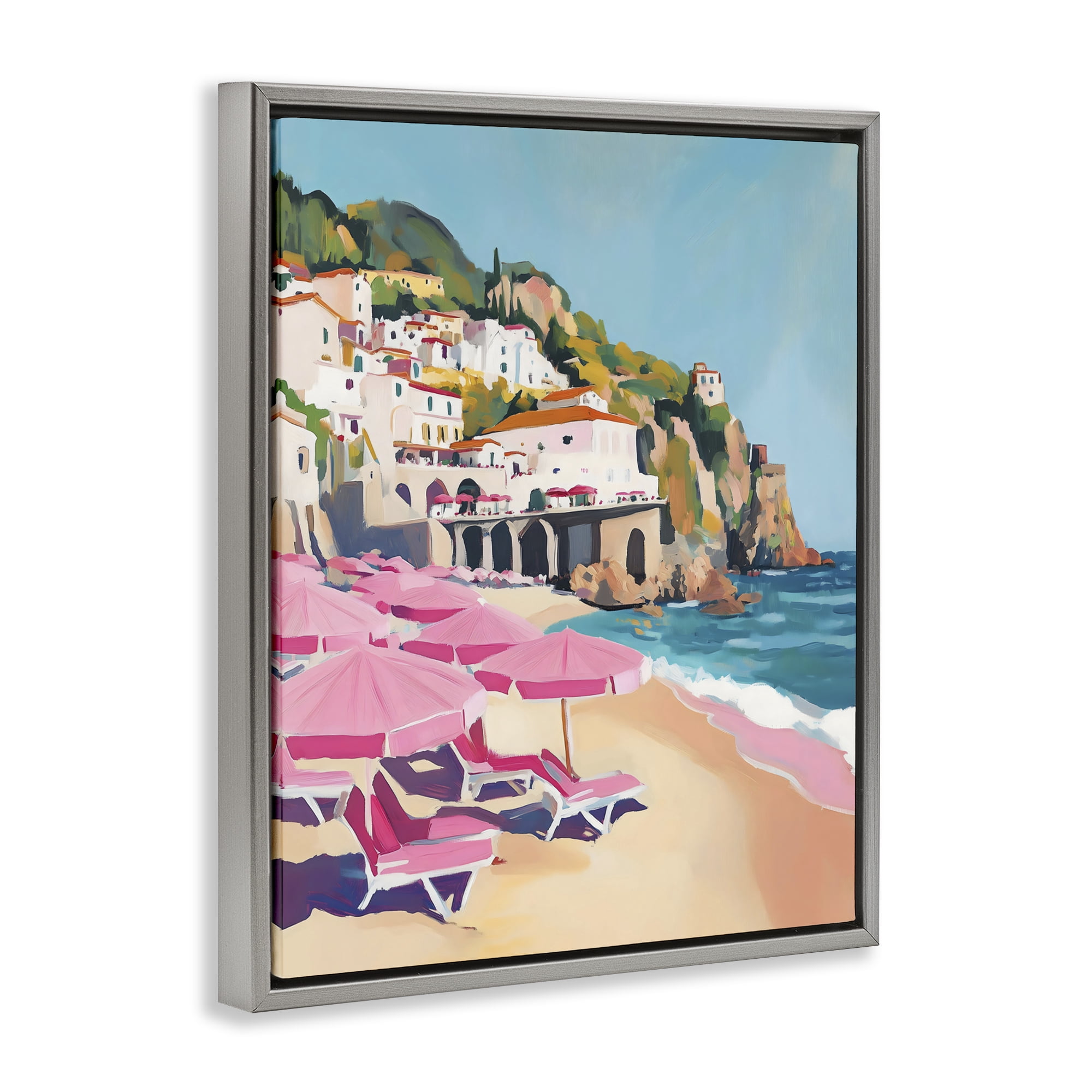 Stupell Industries Pink Beach Chairs on Shoreline Gray Framed Floater Canvas Wall Art, design by The Prints Vibe