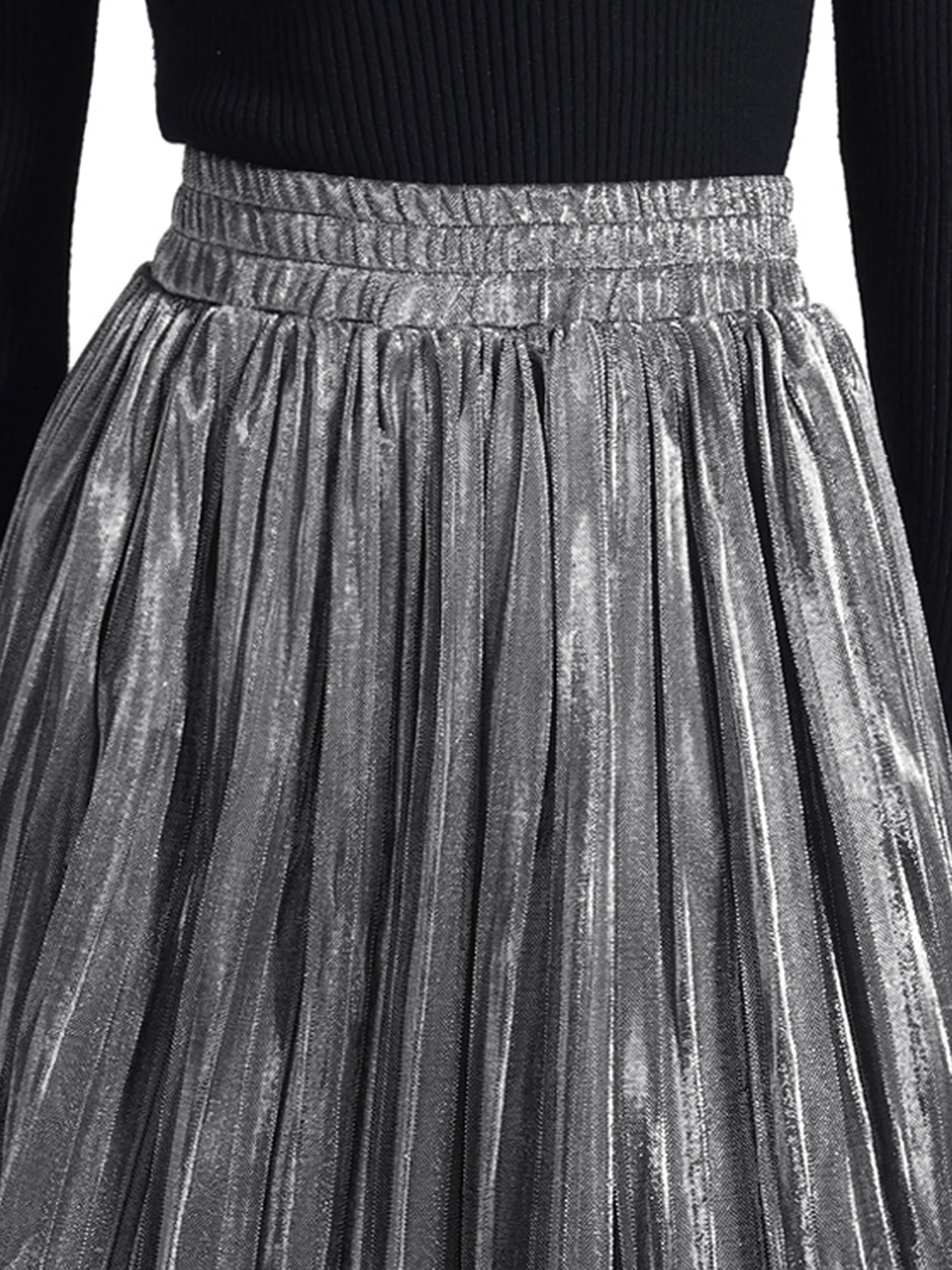 Unique Bargains Women Metallic Glitter High Waist Flared Plaeted Midi Skirt L Silver