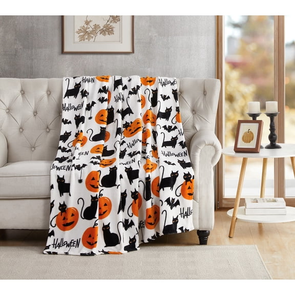 Kate Aurora Ultra Soft & Plush Oversized Halloween Spooky Cats, Bats & Jack O' Lanterns Accent Throw Blanket - 50 In. W X 70 In. L