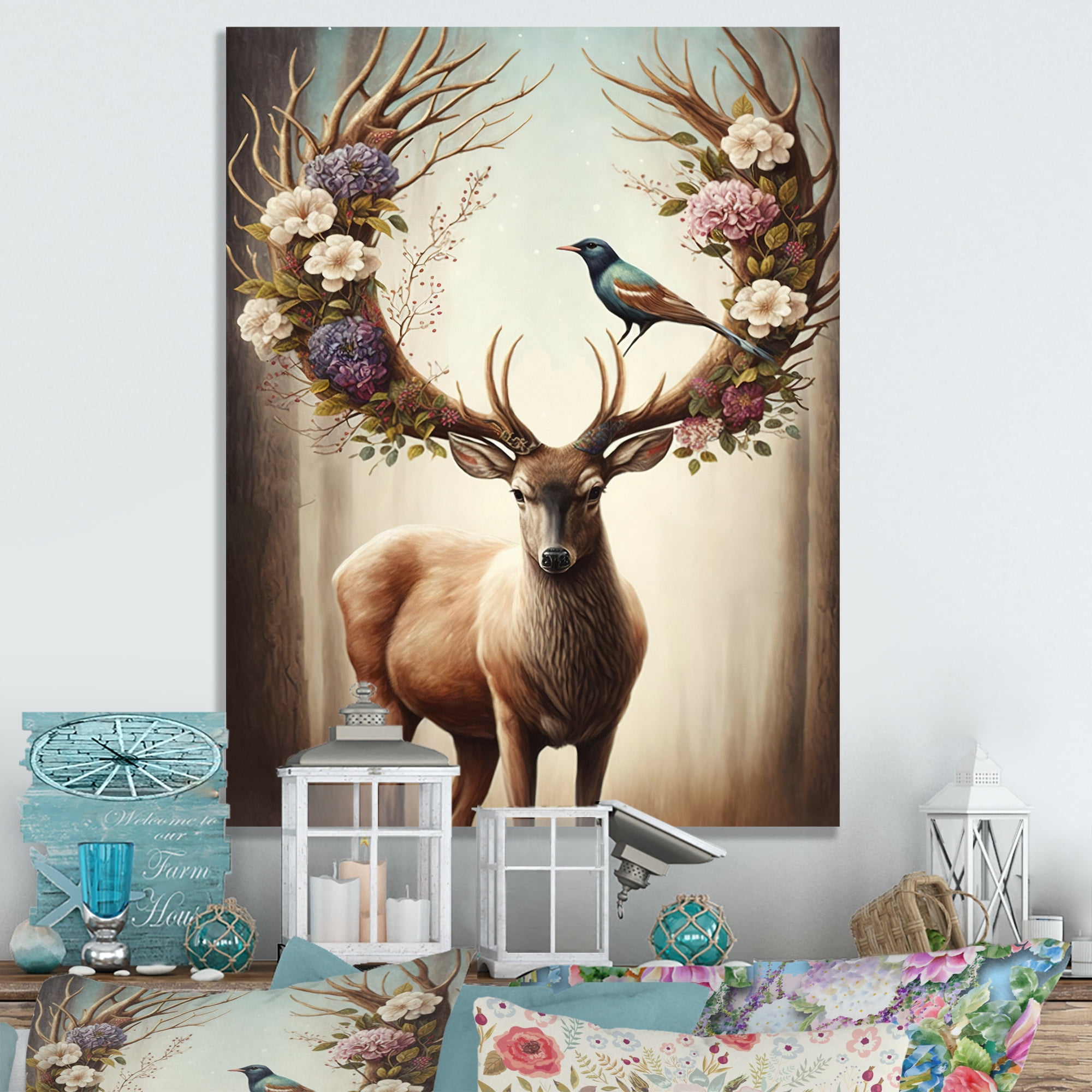 Designart Deer With Blooming Antlers I Canvas Wall Art