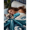 thumbnail image 3 of Coastal Octopus California King Size Flat Sheet, Wrinkleproof & Fadeproof Cooling Flat Bed Sheet Only, Vintage Beach Teal Coral Nautical Breathable Soft Bedding Top Sheets 108 x 98 Inches, 3 of 8