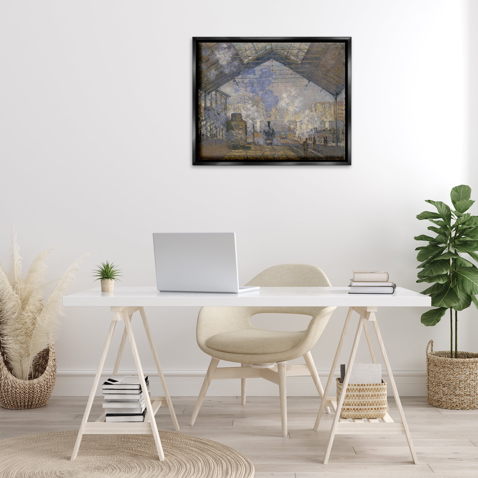 Stupell Industries Classic Monet Saint-Lazare Station Buildings & Architecture Painting Black Floater Framed Canvas Art Print Wall Art, 31 x 25