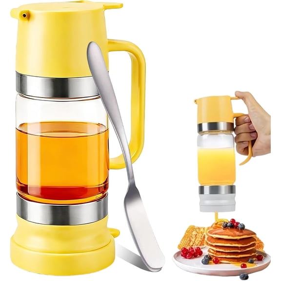 Glass Honey Dispenser with Base – Approx. 16oz Drip-Resistant Container, Pressure-Activated Design for Syrup, Jam, and Honey, Easy-Grip Handle