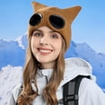 thumbnail image 2 of Xfvqtps Womens Beanie with Glasses Cute Cat Ear Knitted Crochet Solid Color Thickened Stretch Windproof Coldproof Skiing Outdoor Warm Winter Hat Coffee, 2 of 9