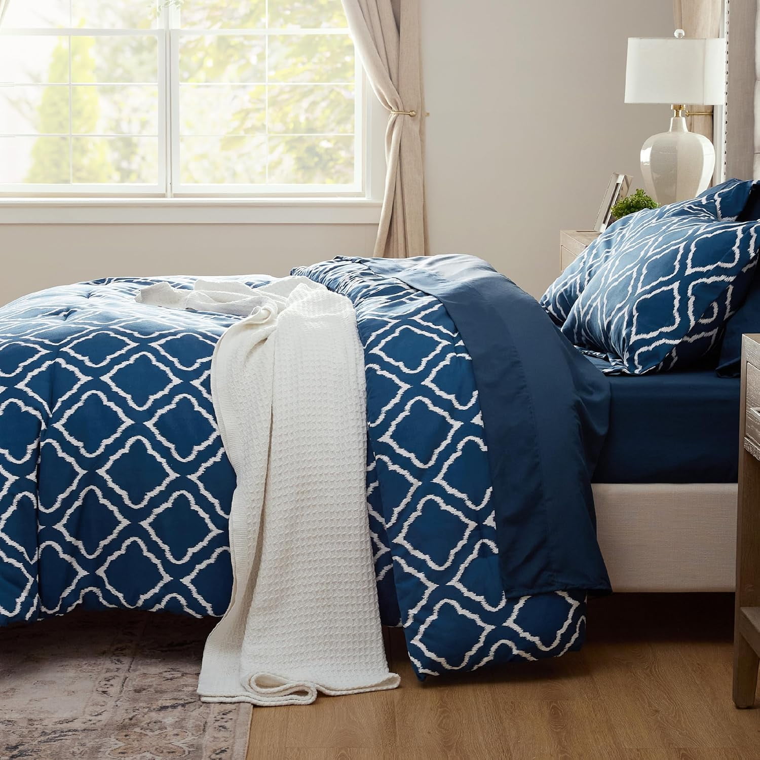 Queen Comforter Set 7 Pieces - Navy Blue Quatrefoil Comforters Queen Size, Lightweight Bedding Sets for All Season, Bed in a Bag with Comforters, Sheets, Pillowcases & Shams