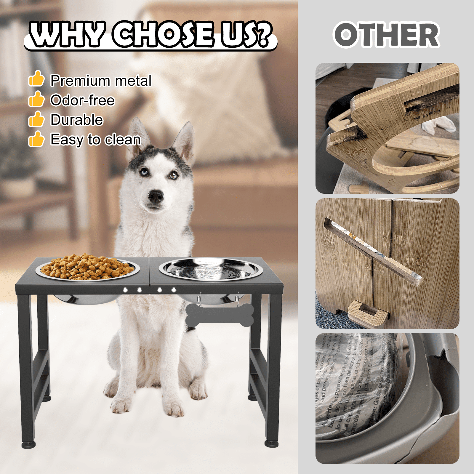 SHAINFUN Metal Raised Dog Bowl Stand for Large Dogs with 2000ml(68oz) Bowls Anti Spill Mat Bone Nameplate Pen For Large Dogs