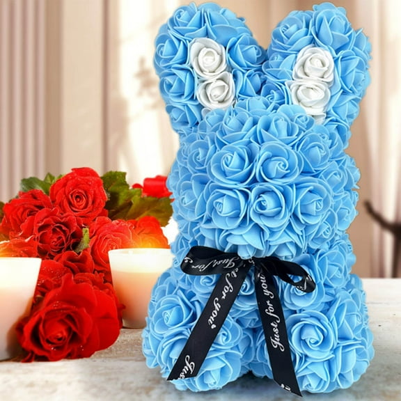Romantic Eternal Flower Hug Rabbit - Simulation Rose Plastic Flower Bouquet 6.6*6.2*9.8 Inches Daily or Valentine's Day Romantic Gift for Lover, Eternal Love to Who You Love