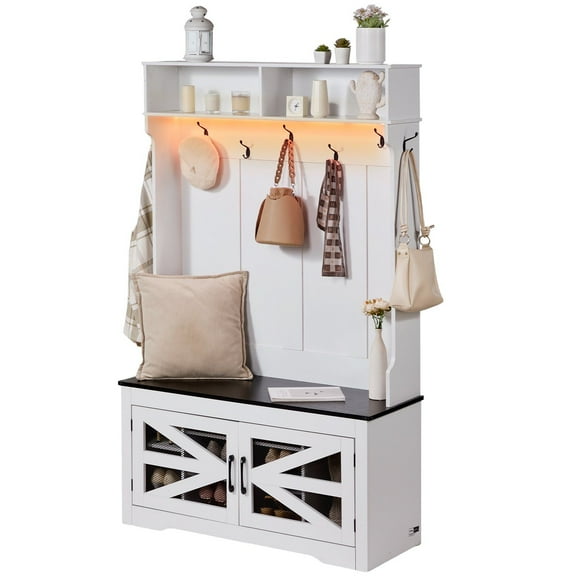 42" Hall Tree Entryway Bench with LED Coat Rack, Shoe Storage & Adjustable Shelves, 7-Hook Mudroom Bench with Storage and Seating for Entryway, Hallway, Mudroom