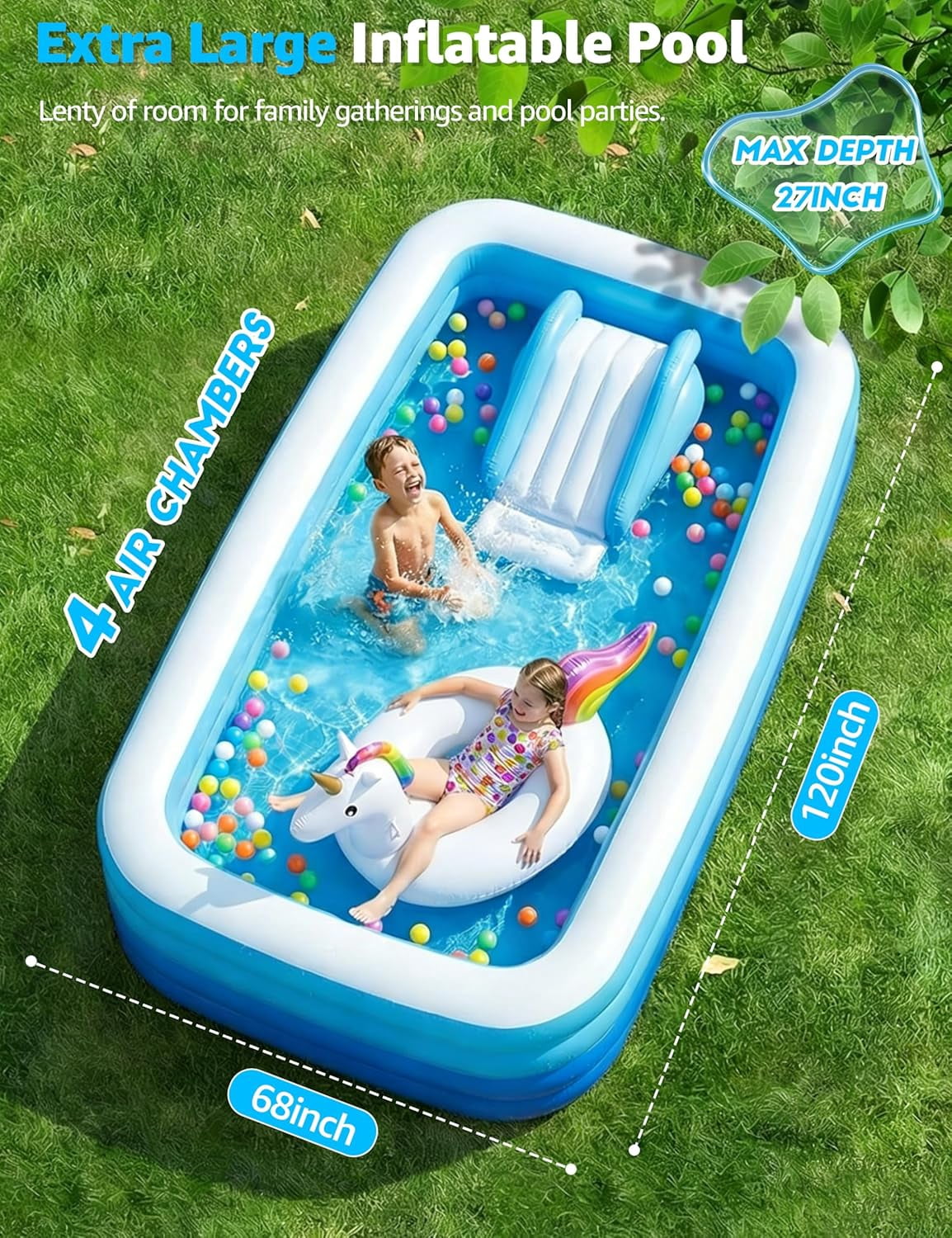 120" Large Inflatable Pool for Kids & Family, 4-Layer Thickened Blow Up Pool (Stronger Than 3-Layer), 0.32mm Heavy Duty PVC, Durable Swimming Pool for Adults, Kids & Pets Backyard Summer Blue