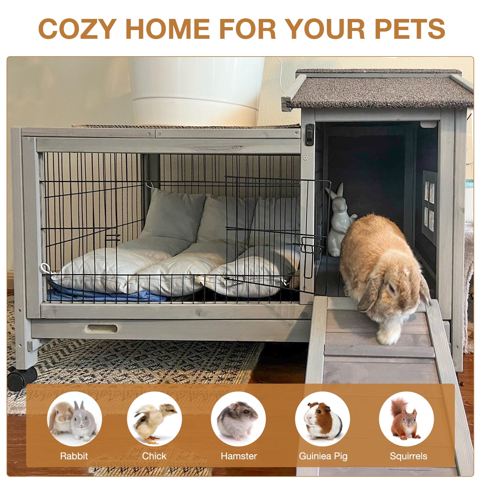 MEDEHOO Rabbit Cage with Wheels Bunny Hutch w/ Leak-Proof Tray, Rabbit Hutch for Outdoor and Indoor with Rest and Activity Area