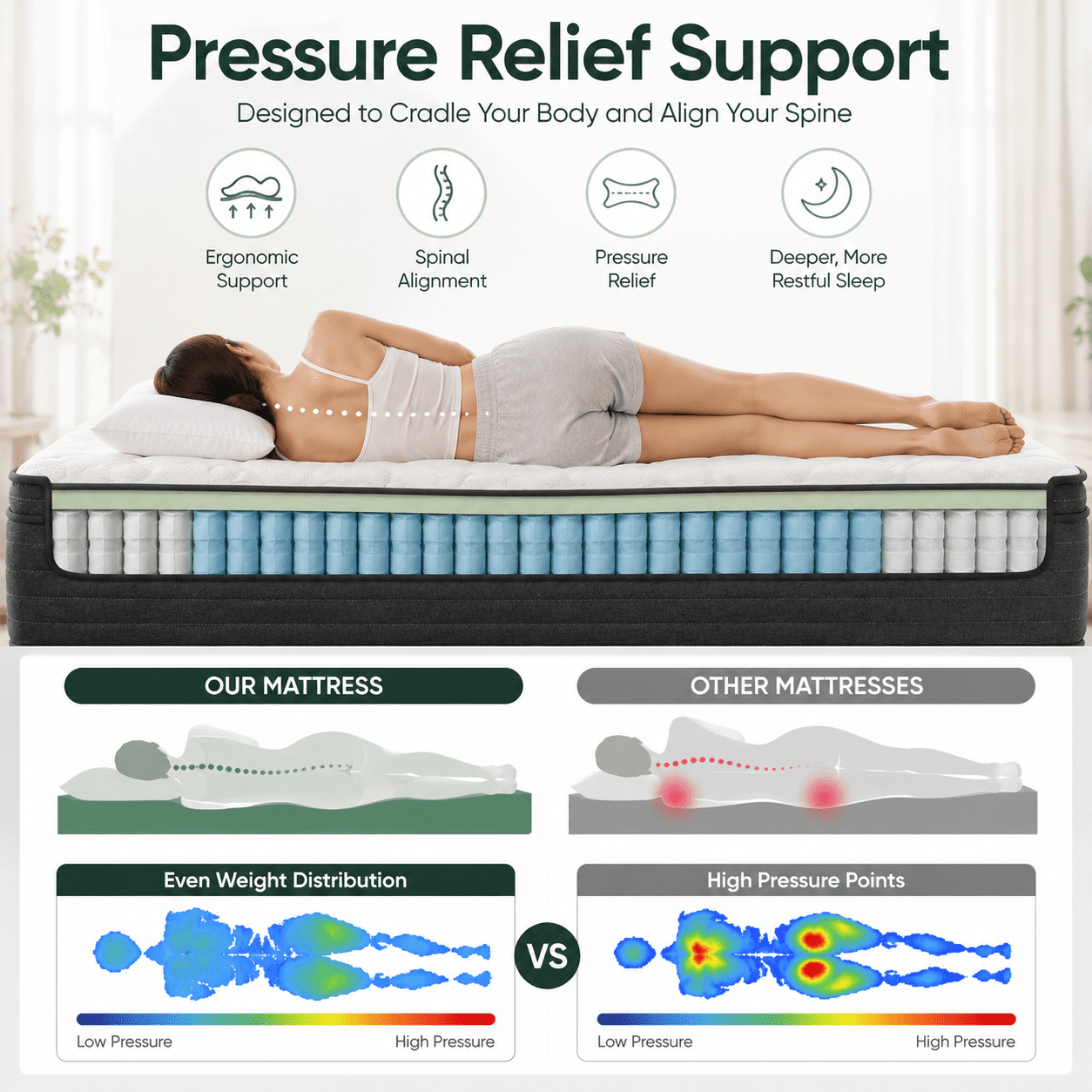 COFUNOK Queen Mattresses 10 Inch Hybrid Pillow Top Queen Size Mattress in a Box, Memory Foam and Pocket Coil Innerspring Mattresses, Cooling & Silent Sleep, Pressure Relief, Medium Feel