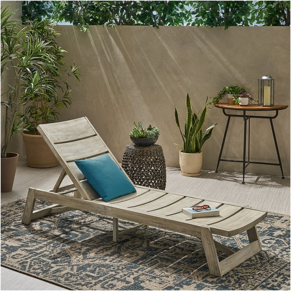 JERFIT Modern Outdoor Chaise Lounge Chair with Adjustable Back, Grey Acacia Wood & Metal Patio Sun Lounger for Poolside, Garden