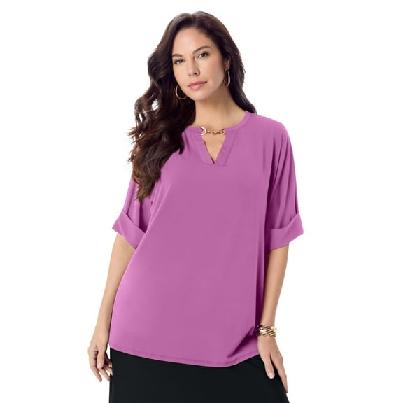 Roaman's Women's Plus Size Ultrasmooth Fabric V Neck Tee With Chain Detail