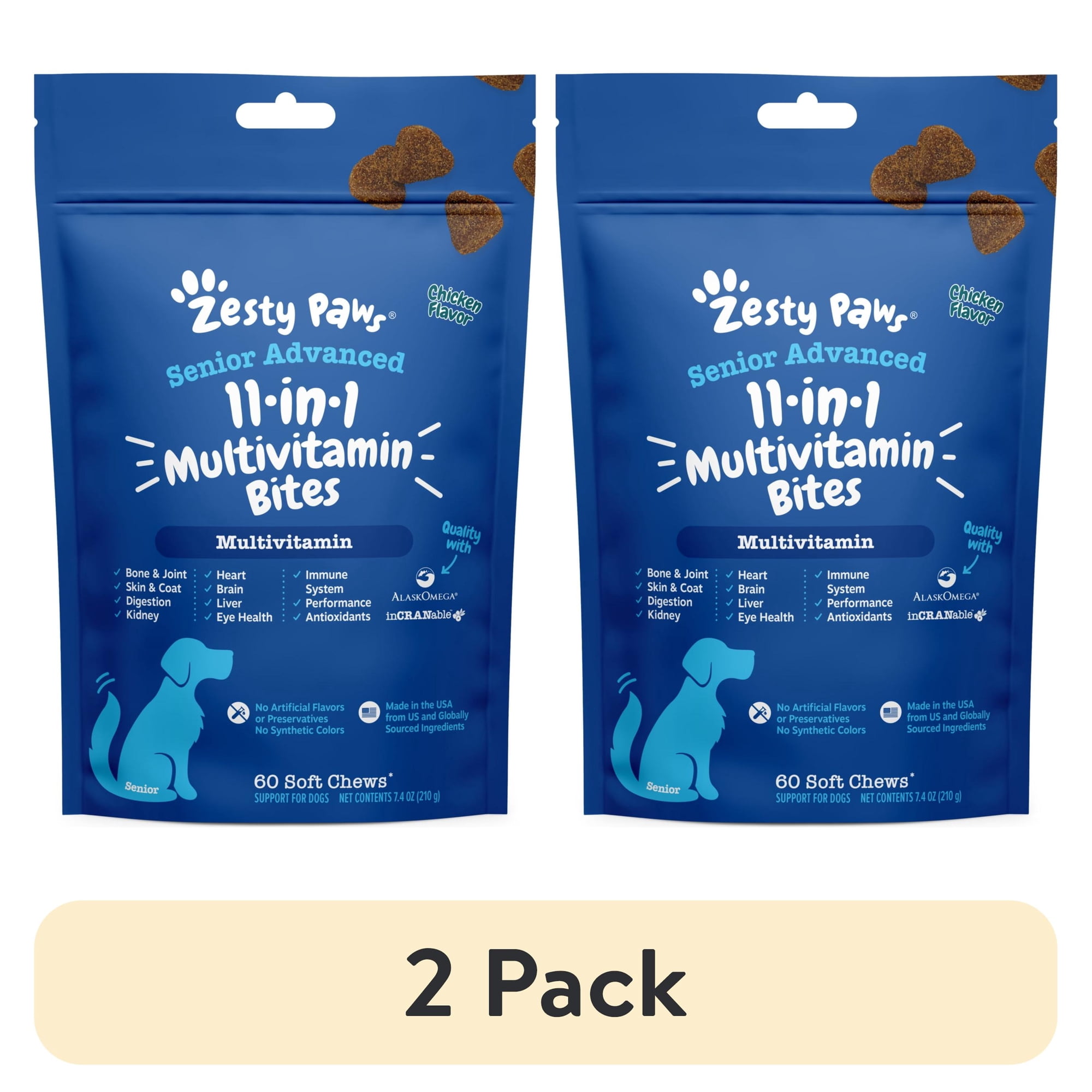 (2 pack) Zesty Paws Senior Advanced 11-in-1 Multivitamin Bites Chicken Flavor Dog Supplement, 60 Count