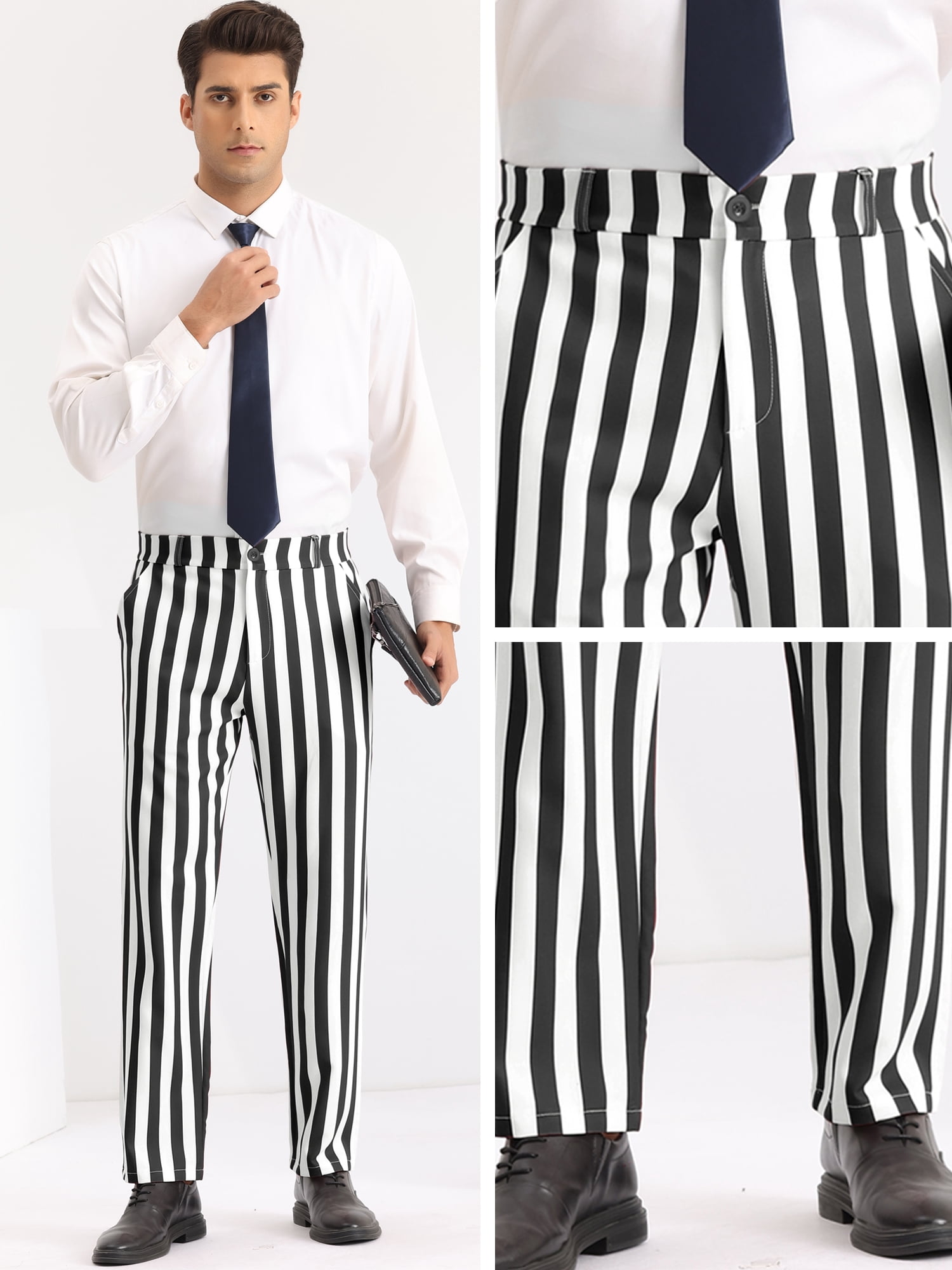 DARING DIVA Men's Striped Dress Pants Straight Leg Color Block Trousers 38 Black White
