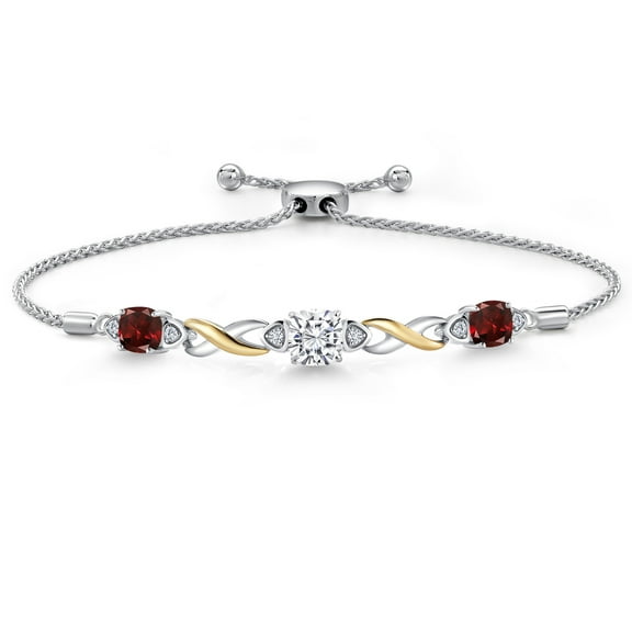 Gem Stone King 925 Silver and 10K Yellow Gold White Moissanite and Red Garnet and White Lab Grown Diamond Bracelet for Women | 2.79 Cttw | Gemstone | Cushion 6MM | Fully Adjustable 9 inch