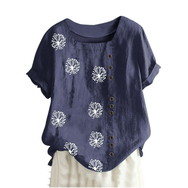 Camisas de Manga Corta para las Mujeres Blusa Suelta de Impresión de Flores de Verano, Camisa para el Hogar Y el Uso Diario