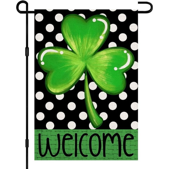 Shamrock St Patricks Day Garden Flag 12x18 Inch Double Sided Burlap, Welcome Seasonal Sign Small Flag Farmhouse Yard Outdoor Decorations DF189