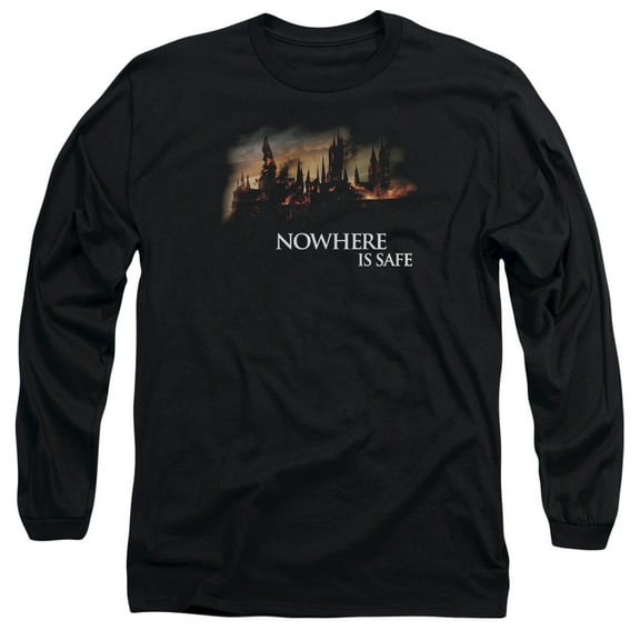 Harry Potter Burning Hogwarts Long Sleeve Adult 18/1 T-Shirt Black