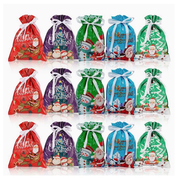 Wosthever Juego de 15 bolsas de papel multifuncionales con cordón y exquisito diseño para regalos de Navidad y dulces. Kits de decoración para fiestas