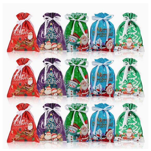 Wosthever Juego de 15 bolsas de papel multifuncionales con cordón y exquisito diseño para regalos de Navidad y dulces. Kits de decoración para fiestas
