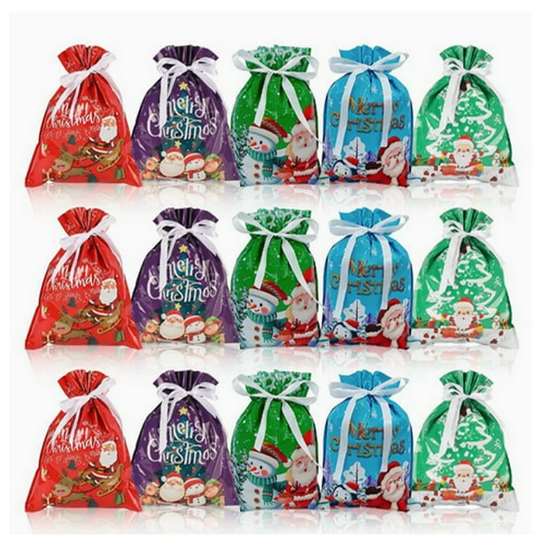 Wosthever Juego de 15 bolsas de papel multifuncionales con cordón y exquisito diseño para regalos de Navidad y dulces. Kits de decoración para fiestas