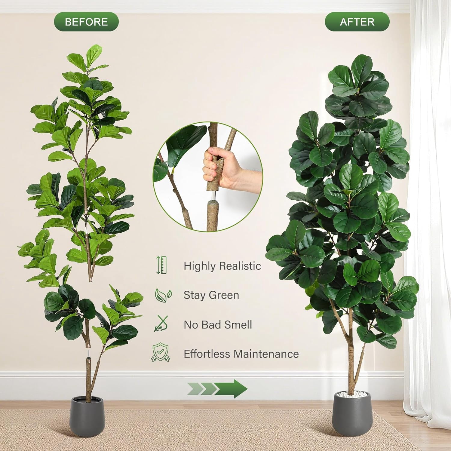 7FT Fiddle Leaf Fig Tree Artificial, Realistic Faux Ficus Lyrata Trees with 141 Leaves, Indoor Fake Floor Plants for Home Office Living Room Decor, with 9" Gray Planter Pot