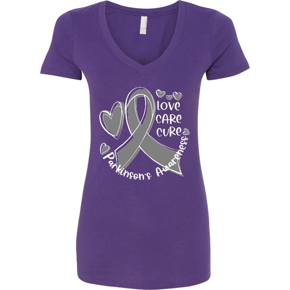 Inktastic Love, Care, Cure Parkinson's Awareness with Gray Ribbon Women's V-Neck T-Shirt