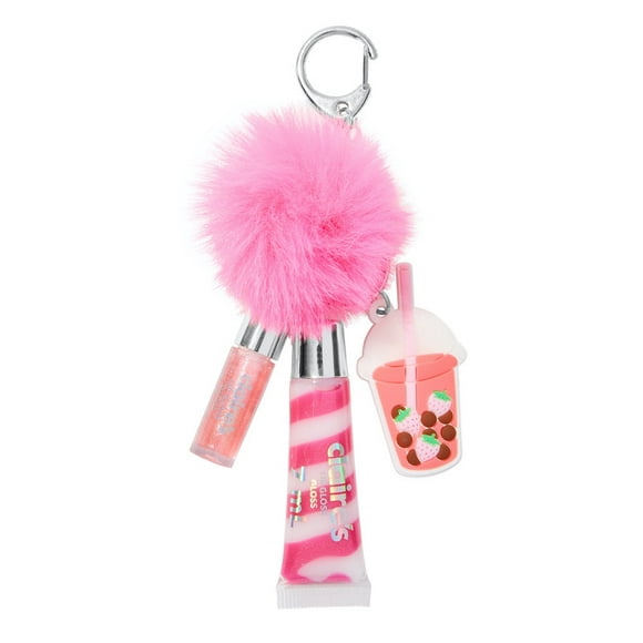 Claire's 2 pack Lip Gloss Key Ring Pink Boba Tea Pink Pompom