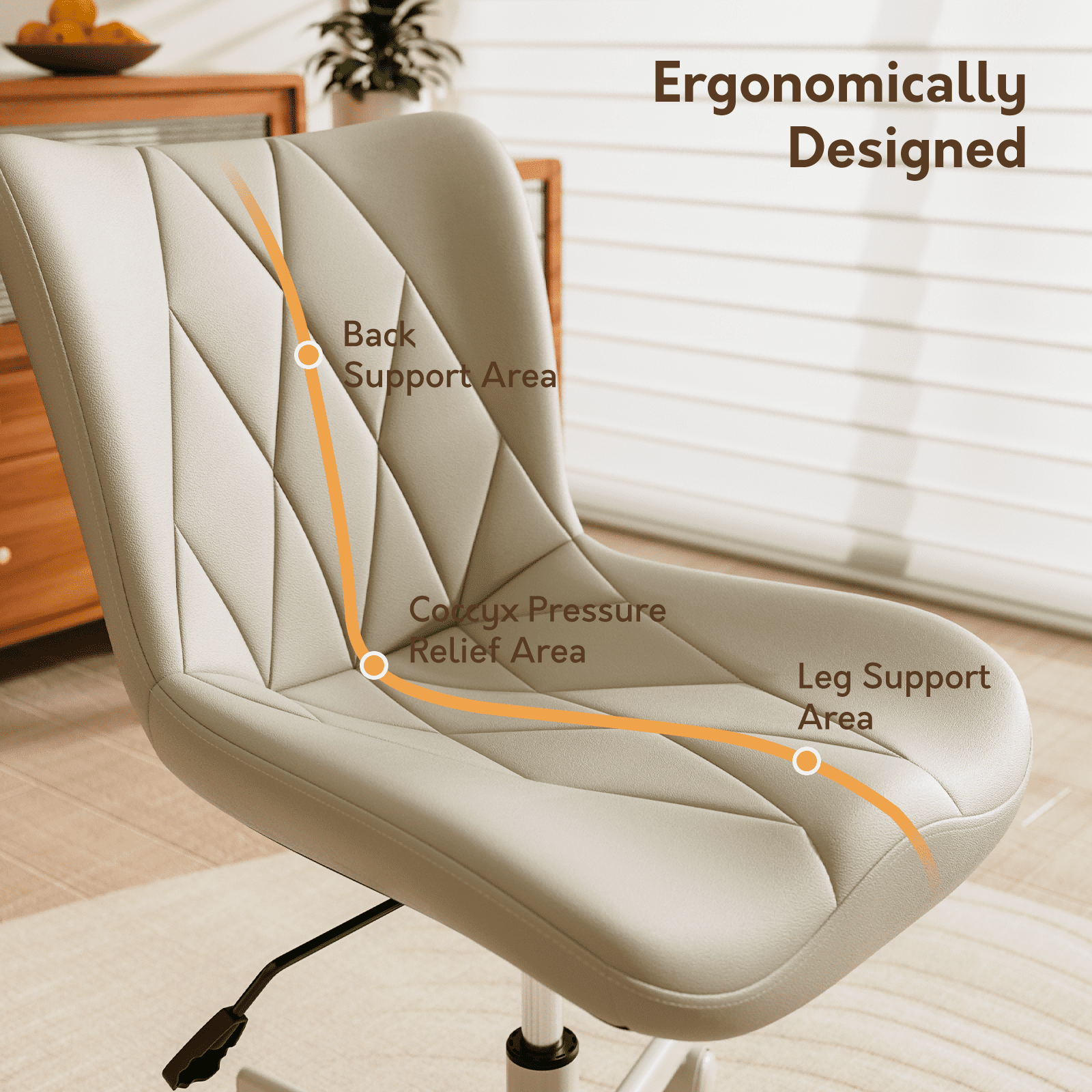 HomeZeer Space Saving Armless Office Chair with Wheels, Adjustable Height PU Leather Swivel Computer Task Chair, Soft Padded Mid Back Vanity Chair Design for Home Office & Small Spaces, Beige
