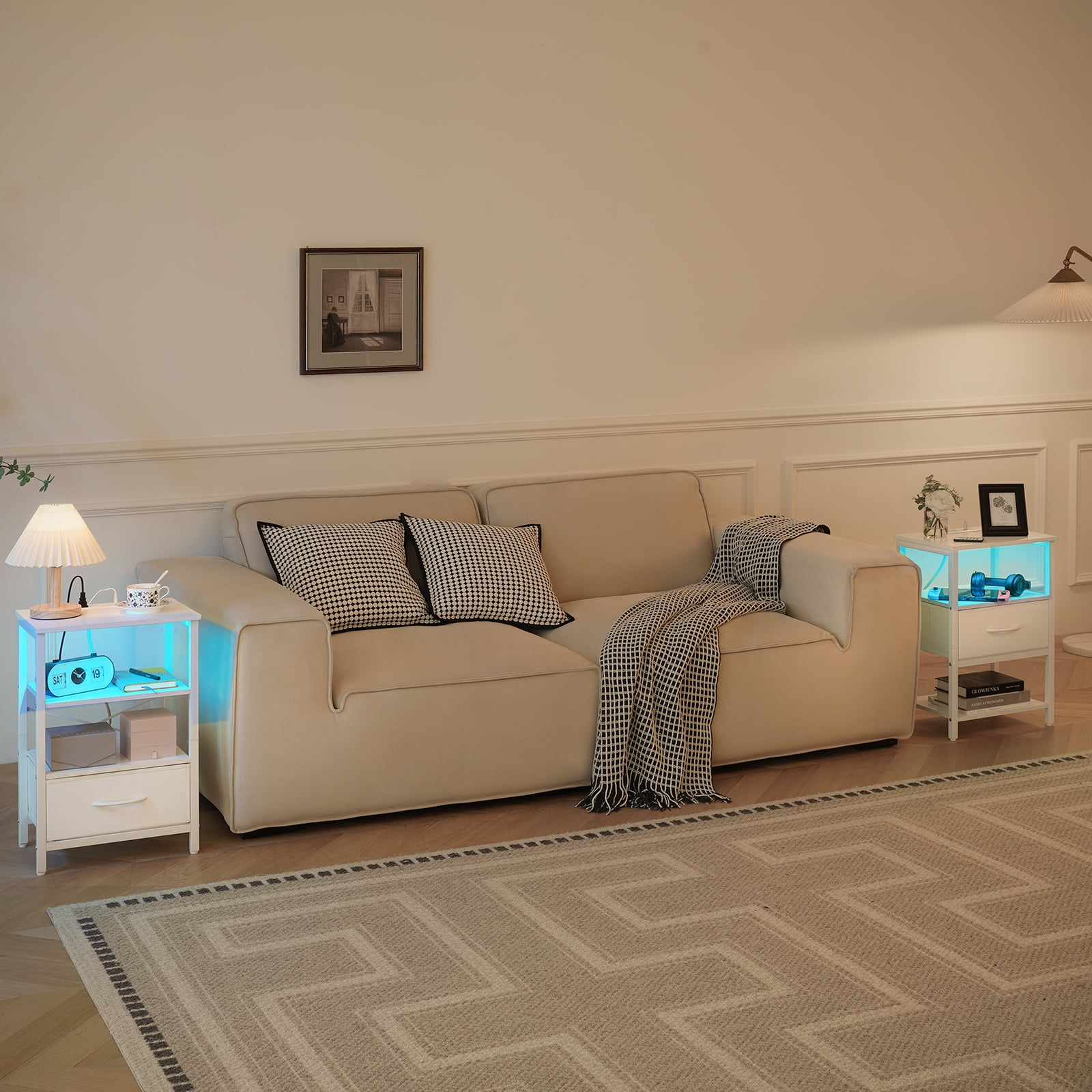 Yoobure LED Nightstand with Charging Station, End Tables with Adjustable Fabric Drawer for Bedroom Living Room,White